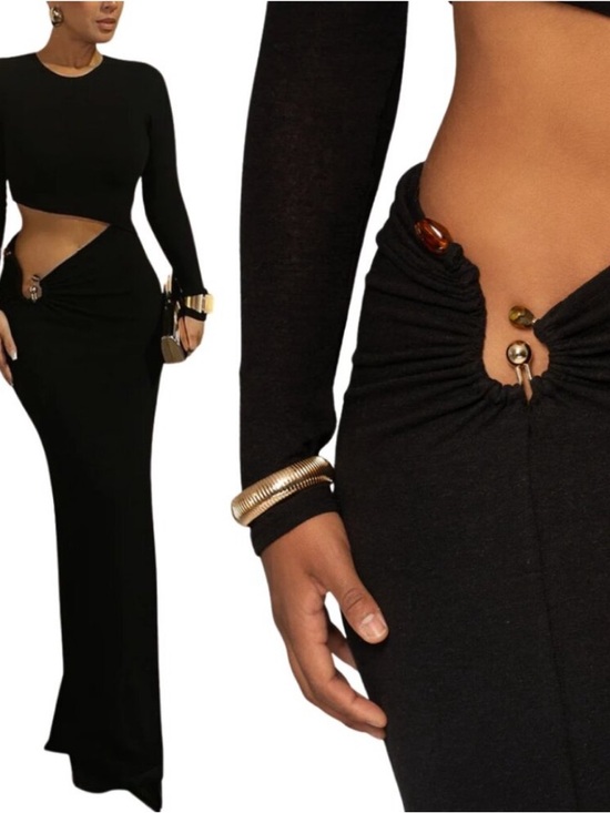 JLUXLABEL Summer Romance Cutout Side Long Sleeve Maxi Dress Black Size Large NEW - Picture 5 of 16